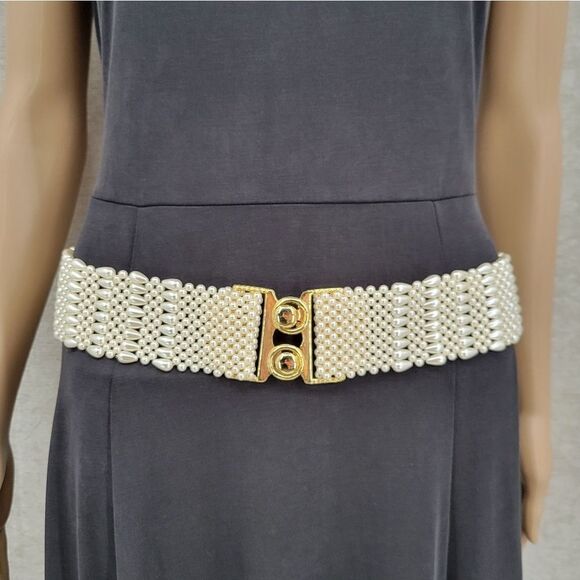 Vintage Faux Pearl Gold Buckle Elastic Stretch Belt - Picture 1 of 7